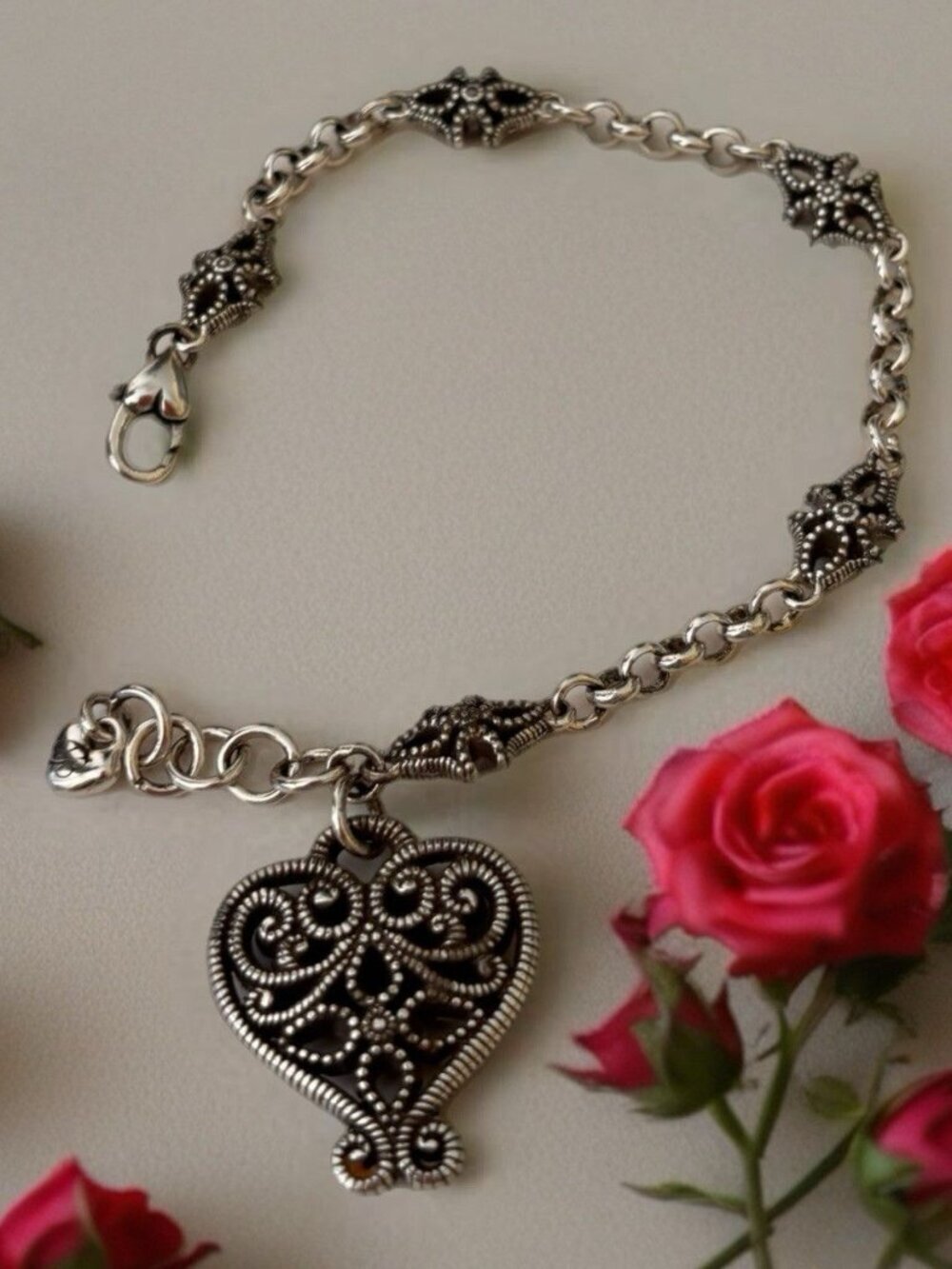 9" Brighton Filigree Heart Silver Colored Chain Bracelet